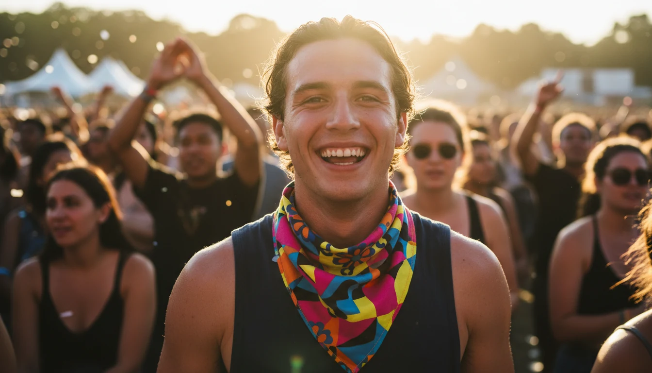 A festival-goer wearing a custom bandana