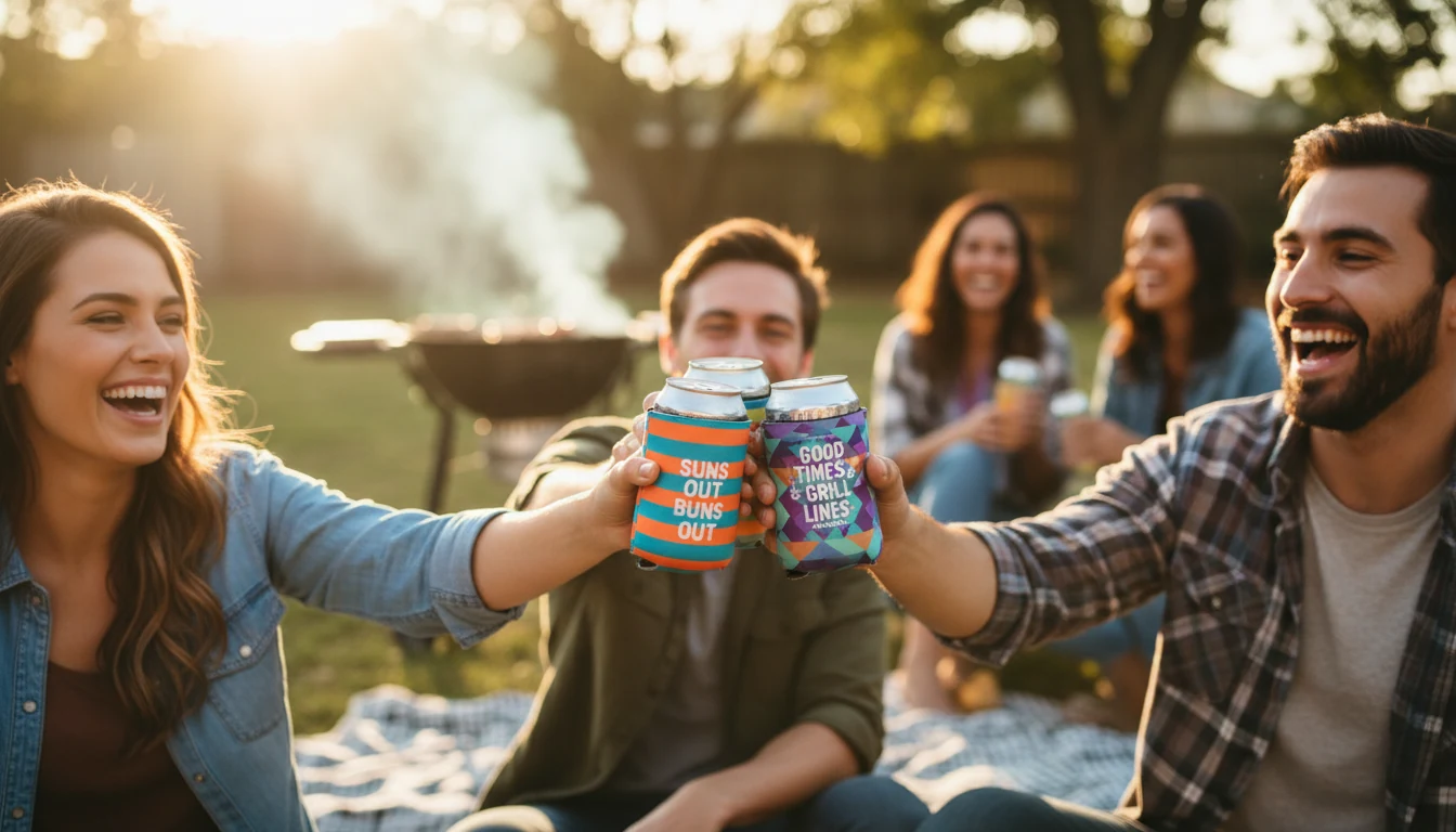 Friends toasting with branded can coolers at a barbecue