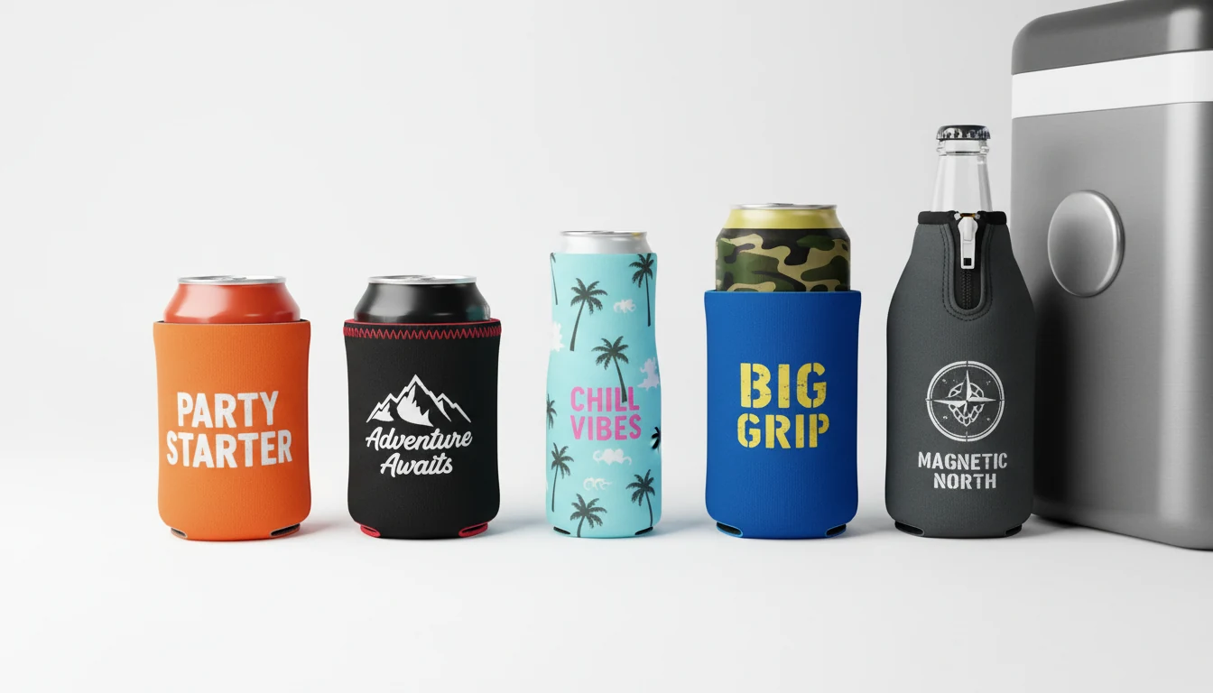 Six custom can cooler styles lined up