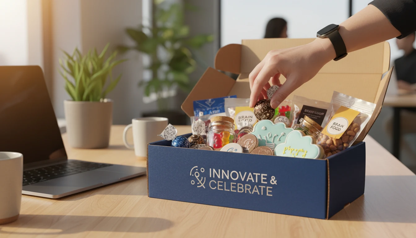 A branded corporate gift box filled with assorted custom treats