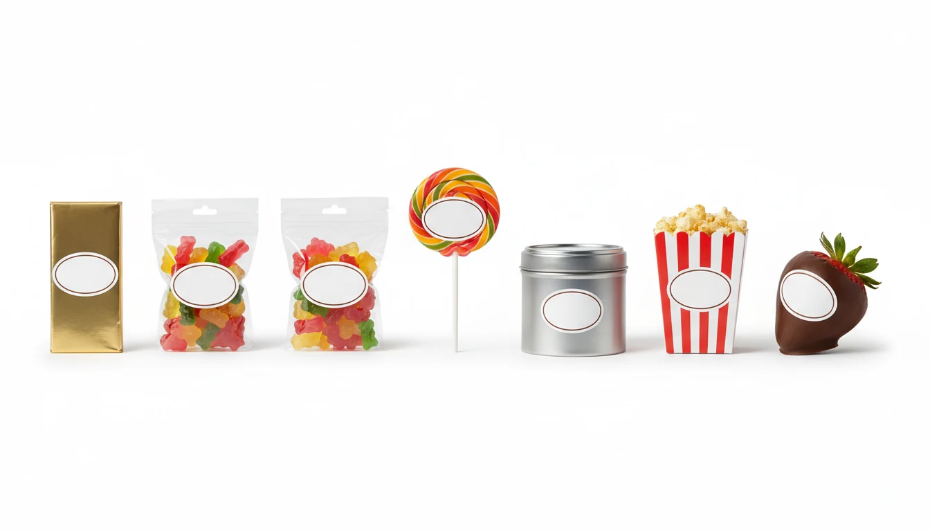 An assortment of custom-branded edible treats with blank logo labels