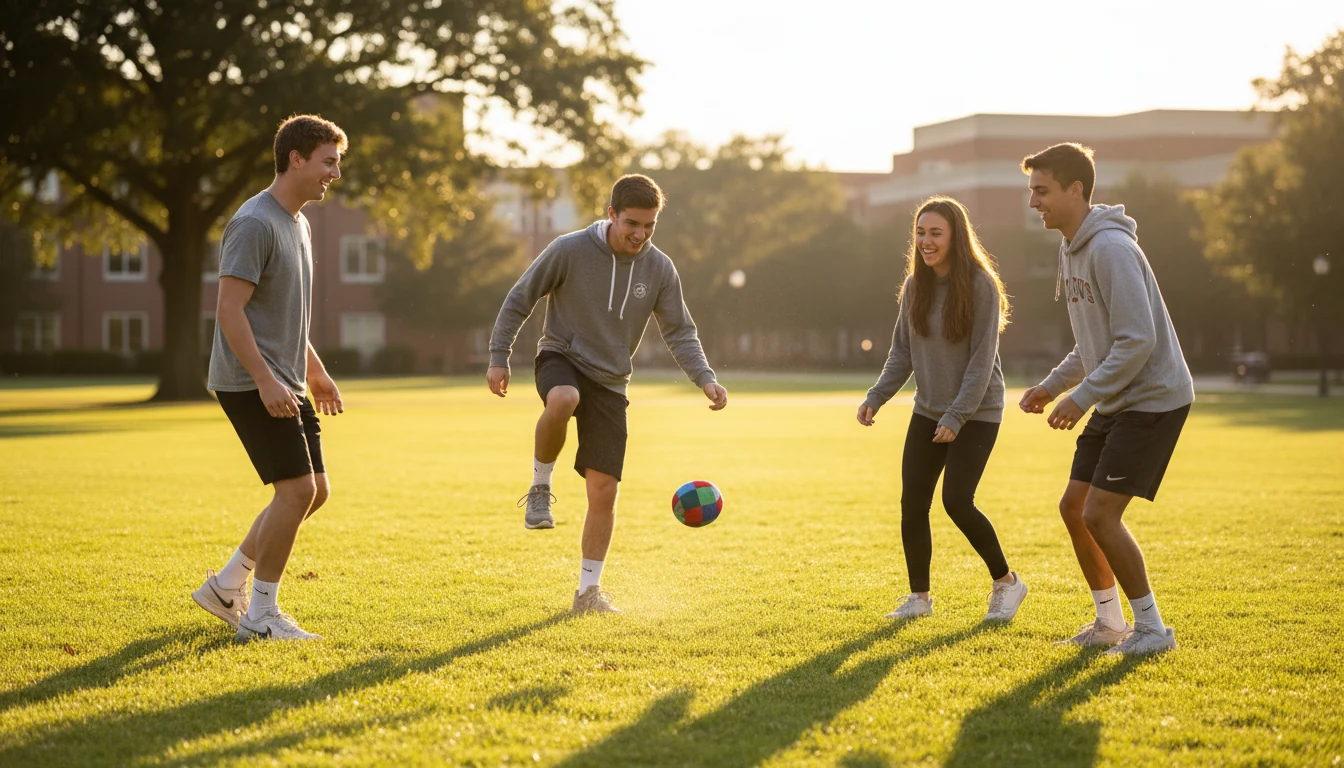 Students playing footbag in a circle on a sunny campus quad