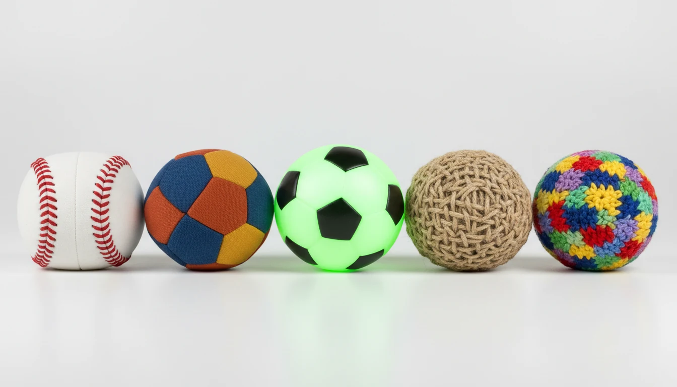 Six custom footbag styles lined up β baseball, 12-panel, soccer, glow, hemp, and crochet