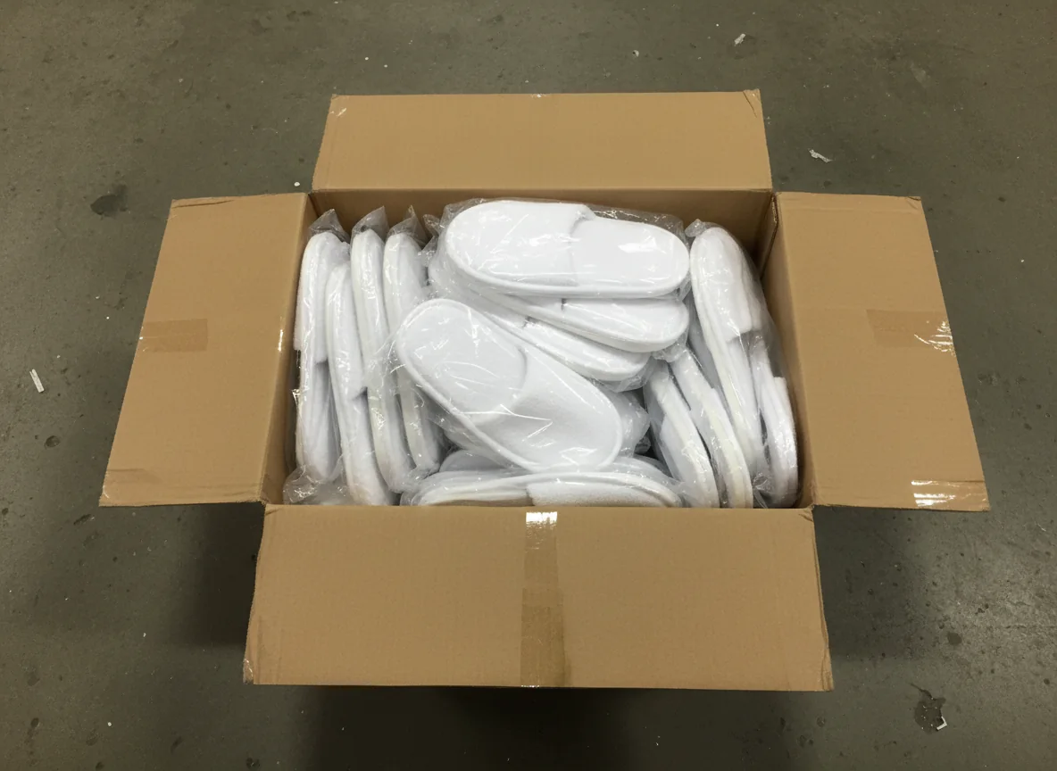 An open carton packed with individually bagged white hotel slippers