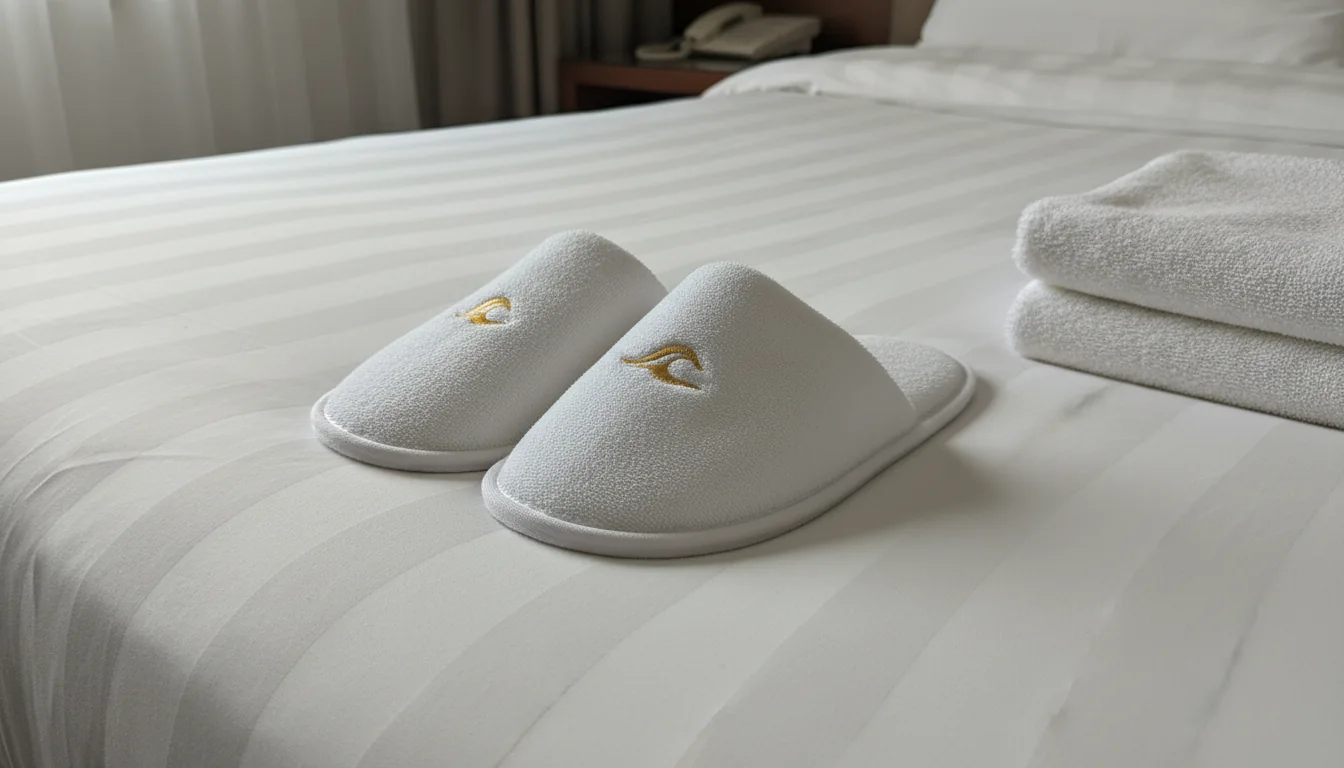 White terry hotel slippers with a small embroidered emblem on a made hotel bed