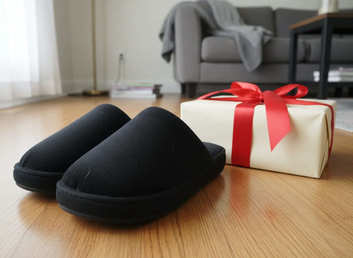 Black velour memory foam slippers next to a wrapped gift box