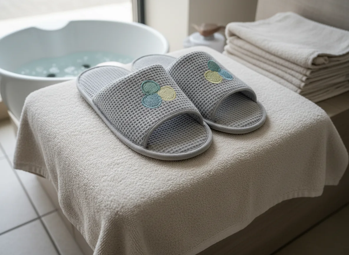 Grey waffle spa slippers set out at a salon pedicure station