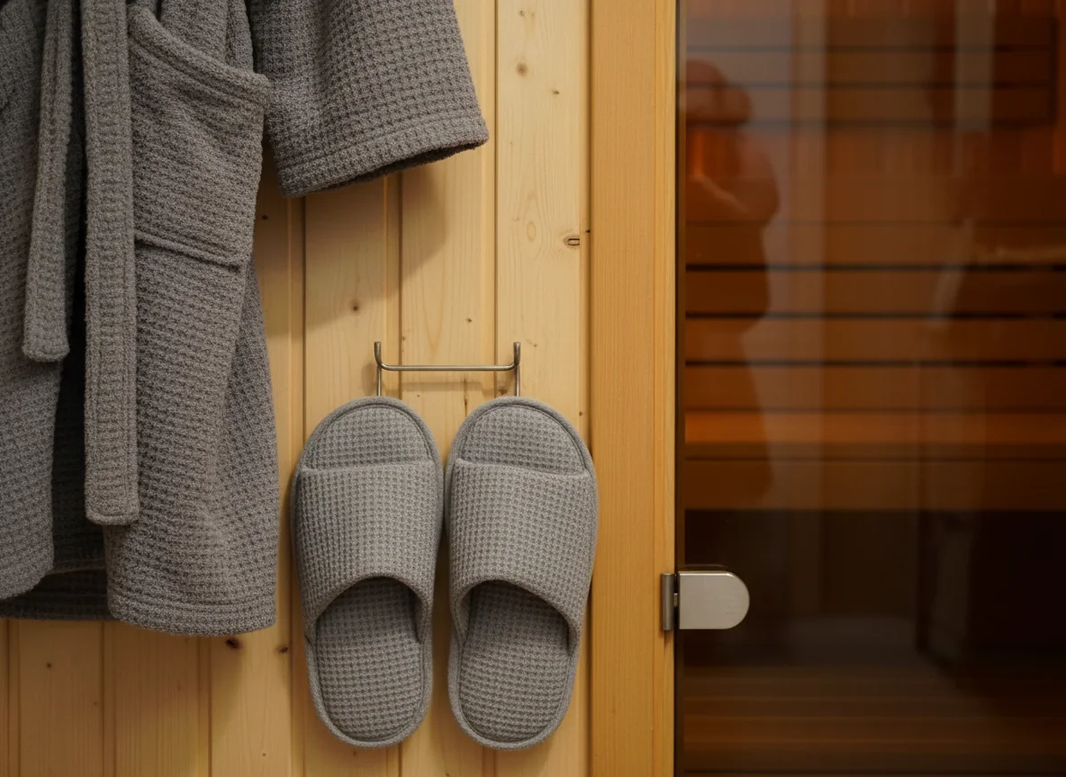 Grey waffle slippers and a grey robe hanging by a sauna door