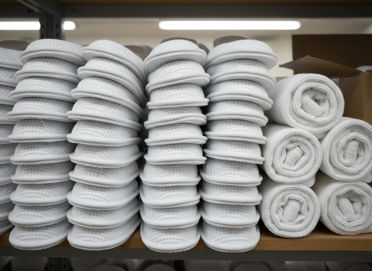 Stacks of white waffle spa slippers on a supply shelf next to rolled towels