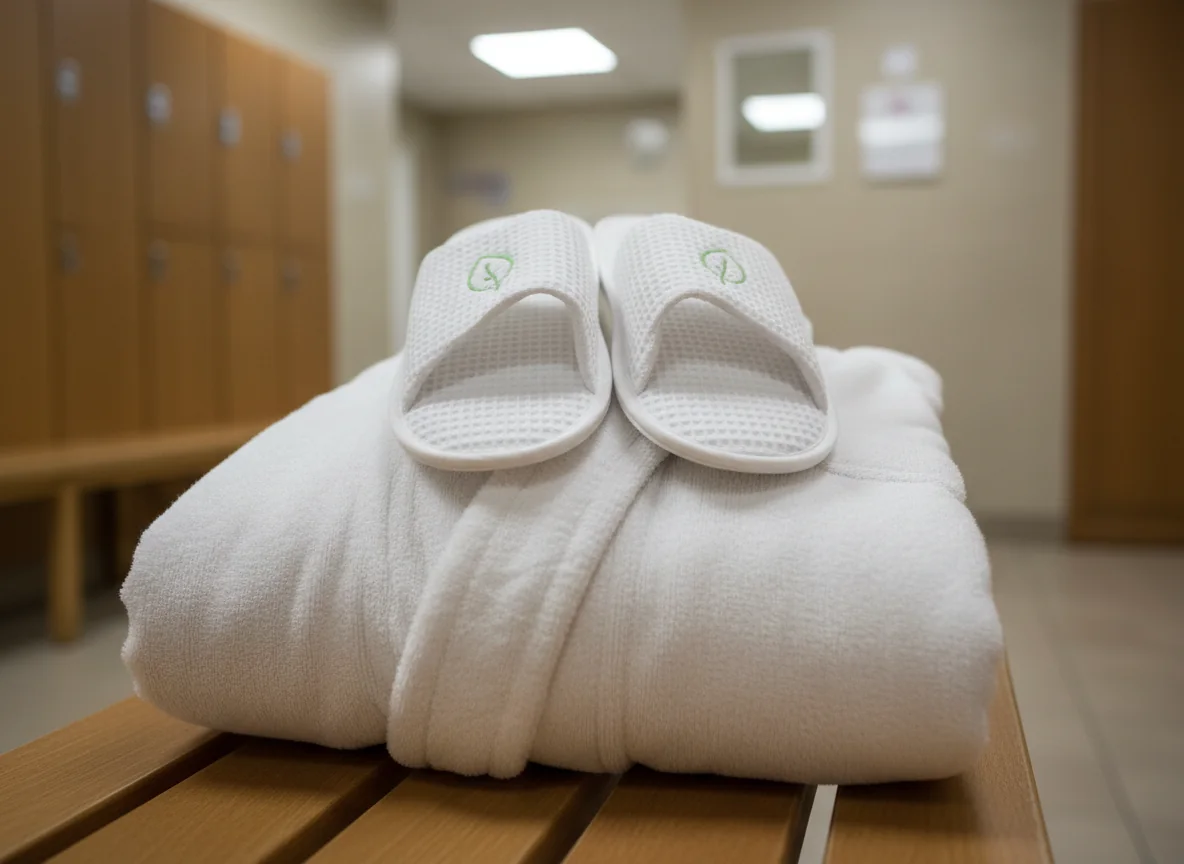 A folded white spa robe on a bench with waffle spa slippers on top