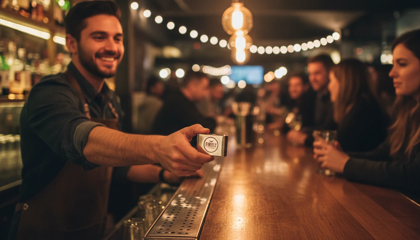 A bartender handing over a branded lighter