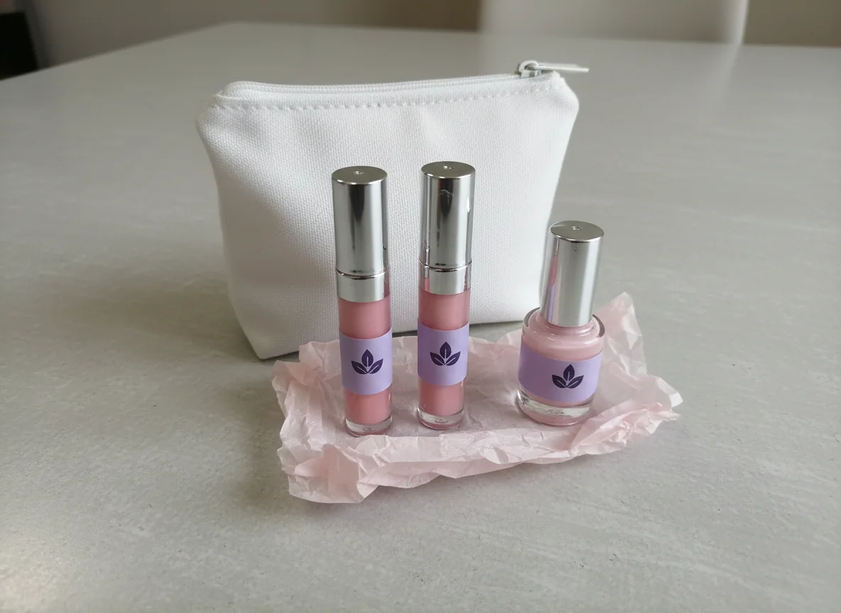 Un pequeño set de regalo de belleza con un estuche blanco, tubos de brillo de labios y una botella de esmalte de uñas