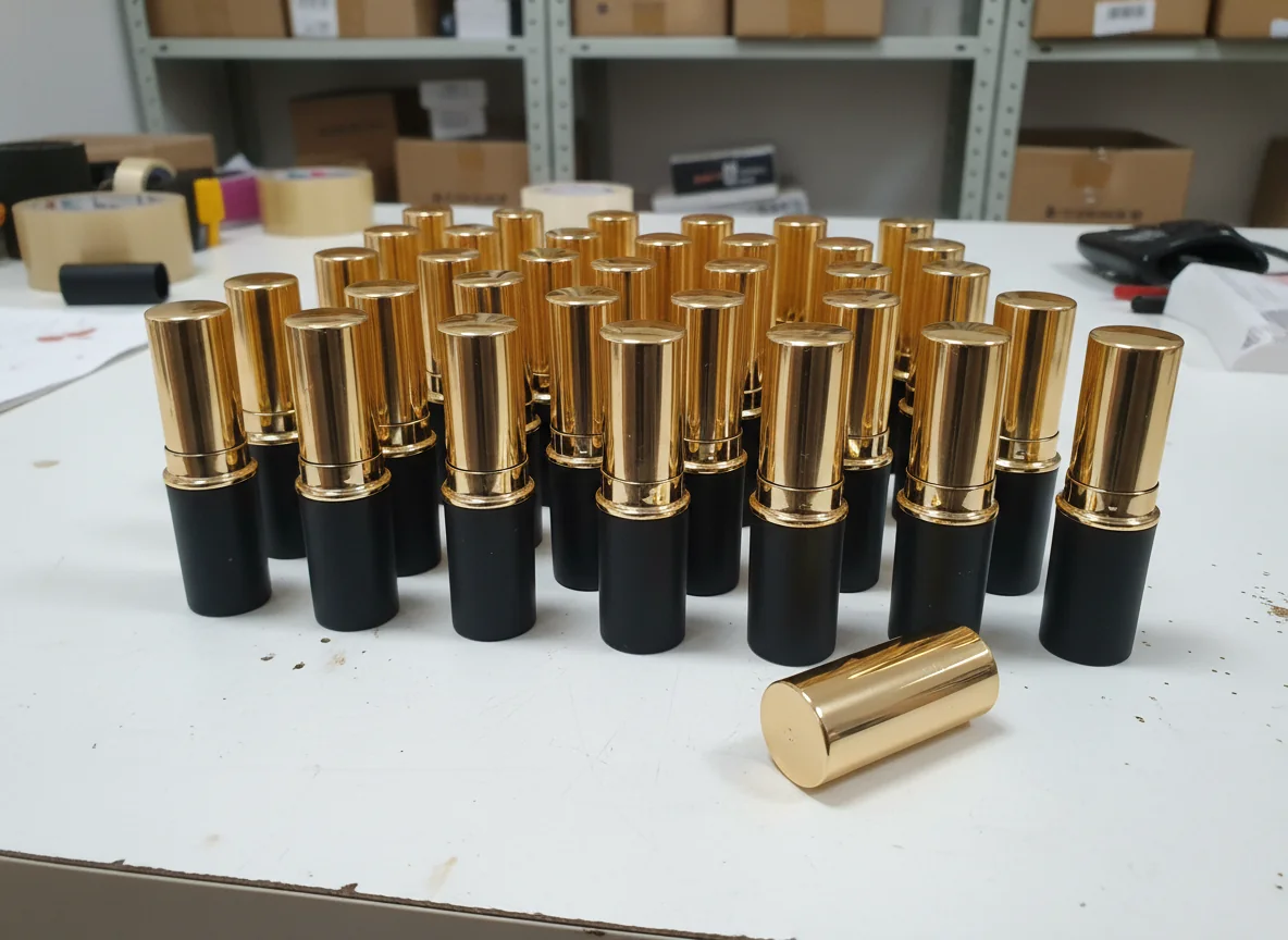Filas de tubos de lápiz labial con tapas doradas en una mesa de taller de empaques