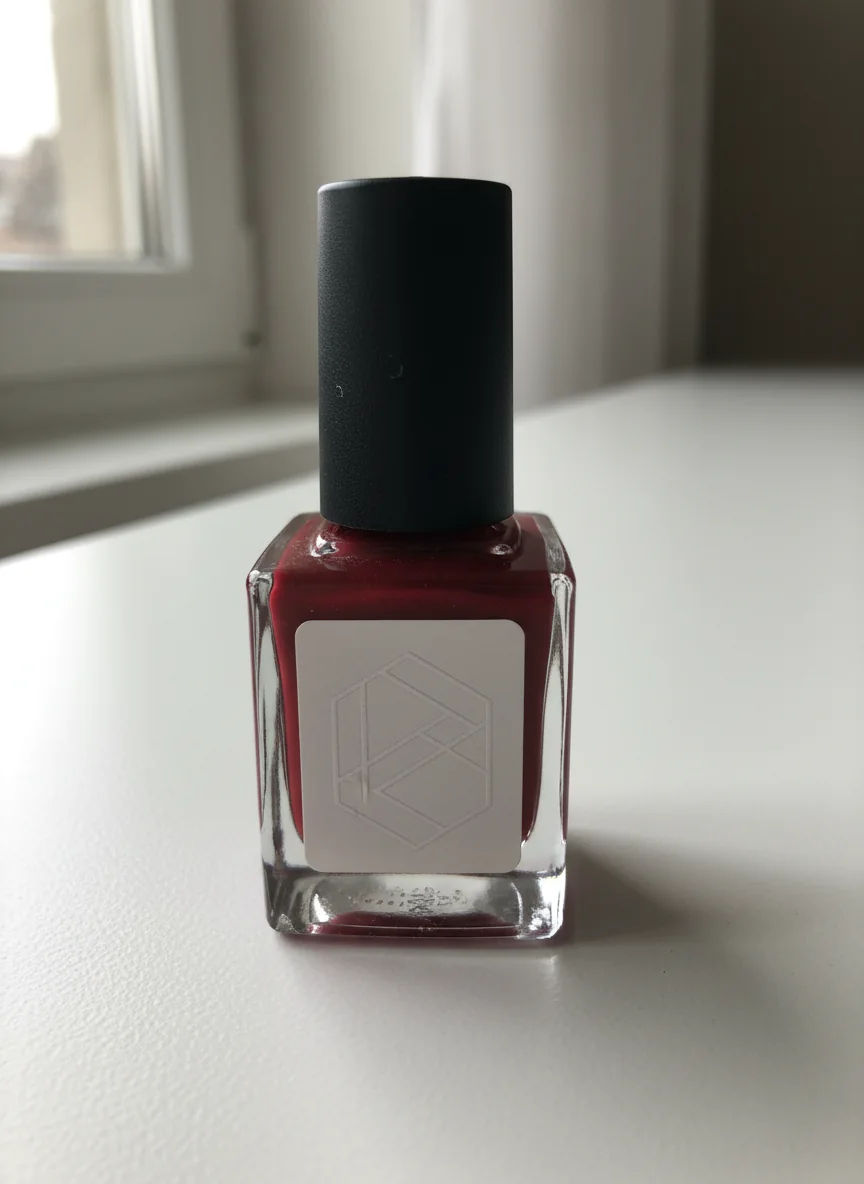 Una botella de esmalte de uñas de vidrio con una etiqueta en blanco junto a una ventana