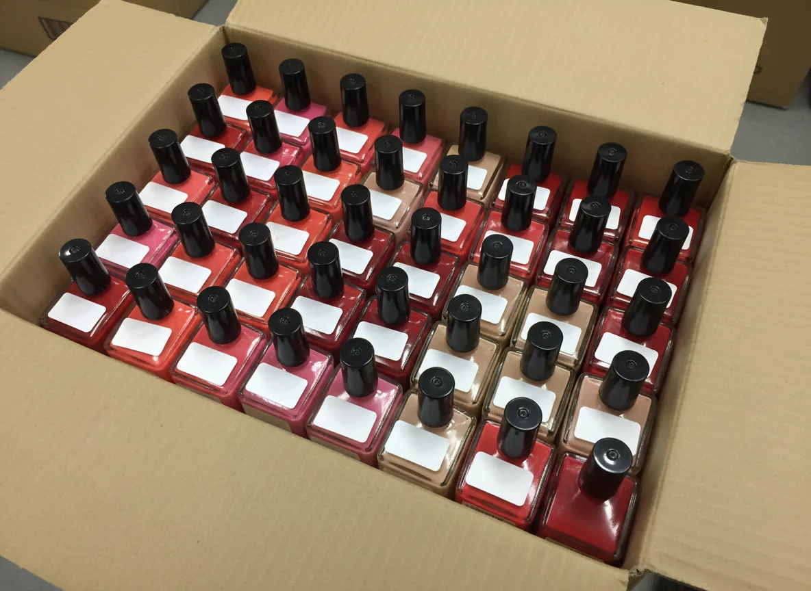 Una caja de envío abierta llena de filas de botellas de esmalte de uñas con marca