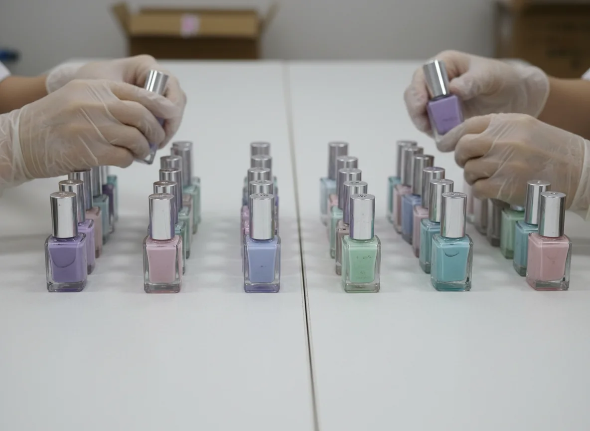 Manos enguantadas revisando filas de botellas de esmalte de uñas en una mesa de control de calidad