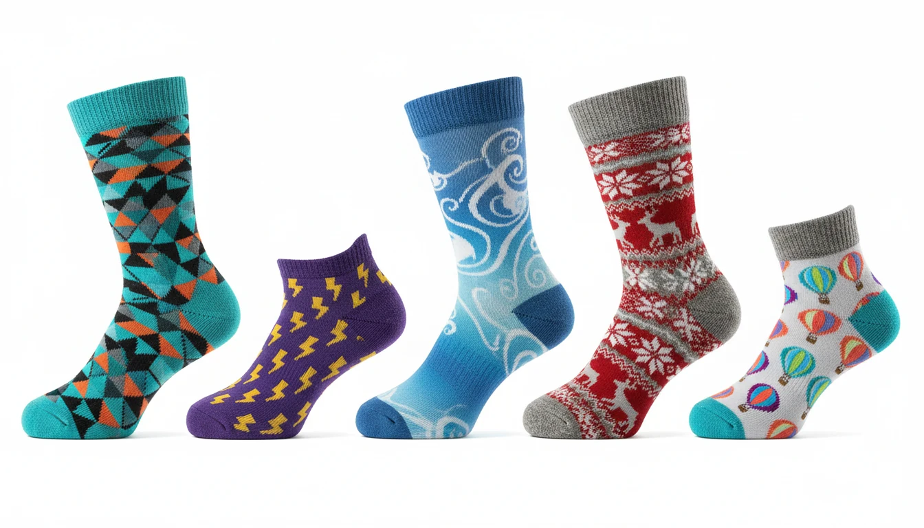 Five custom sock styles lined up