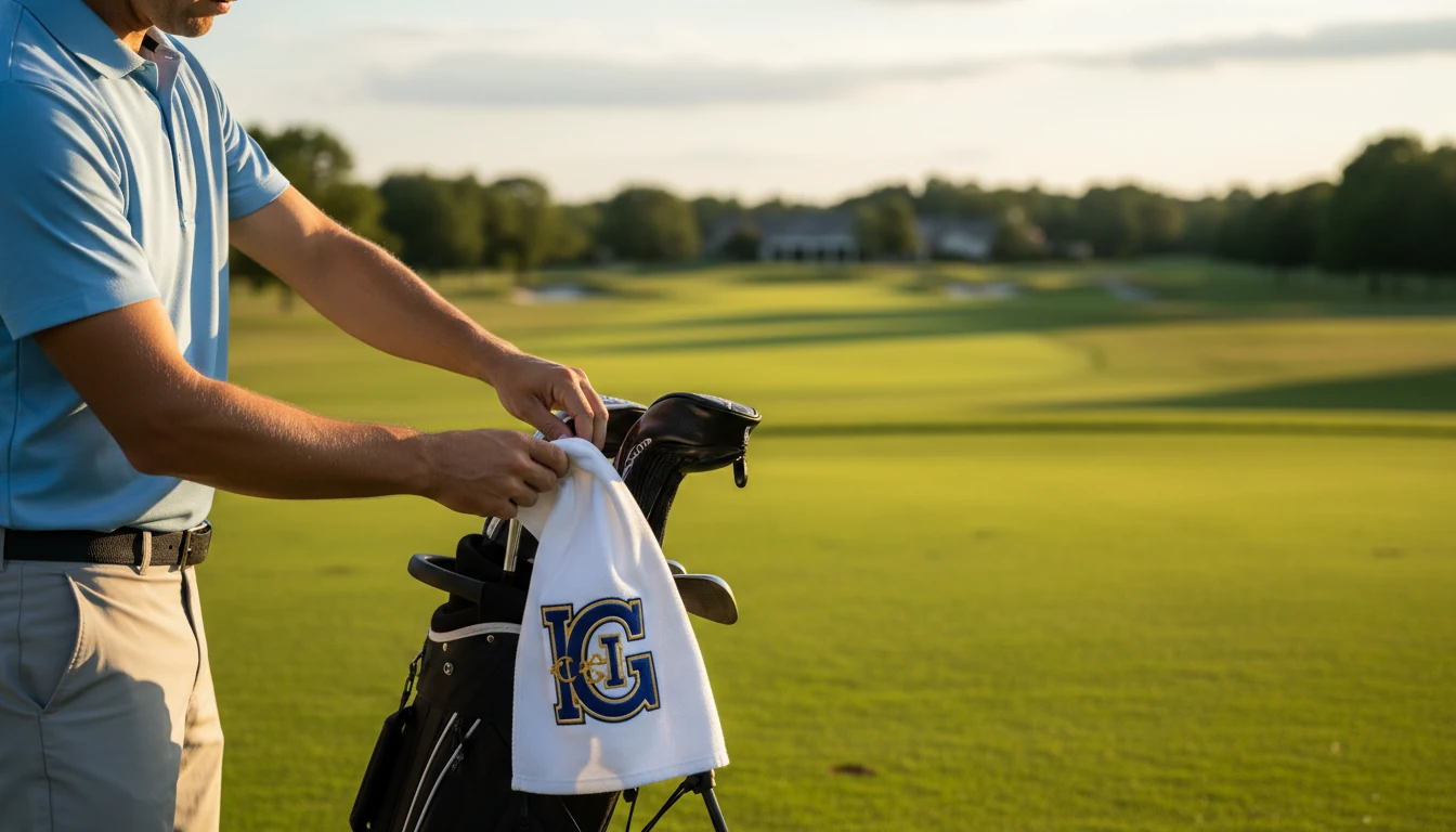 A golfer clipping a branded towel to their bag