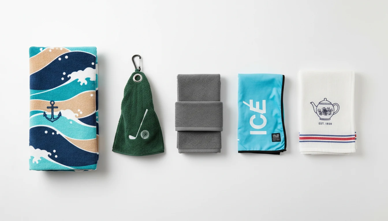 Five custom towel styles — beach, golf, gym, cooling, and kitchen
